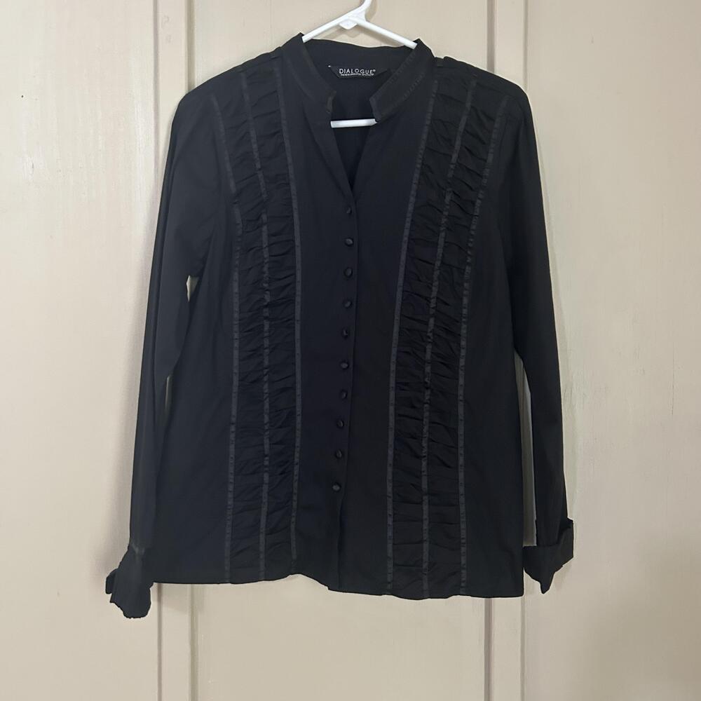 Dialogue Blouse Womens Small Black Button Front Ruffle Collared Long Sleeve Top
